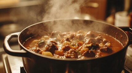 A steaming pot of hearty stew, rich in color and aroma.  Perfect for a cozy night in.