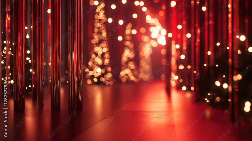 Aufkleber Christmas trees decorated with fairy lights creating a festive red background
