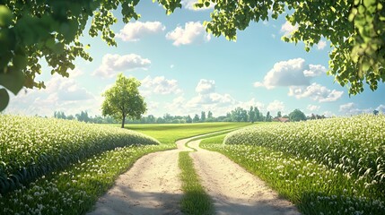 Obraz premium Dirt Path Through a Blooming White Flower Field on a Sunny Day