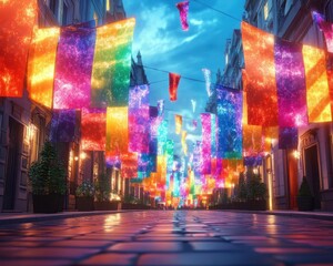 LGBTQIA2S pride march with glowing holographic flags and support info, vibrant street setting, photorealistic