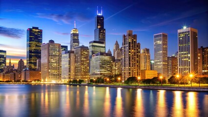 Naklejka premium Chicago Downtown at Night Skyscrapers and Lights, urban, downtown, urban,downtown,urban landscape