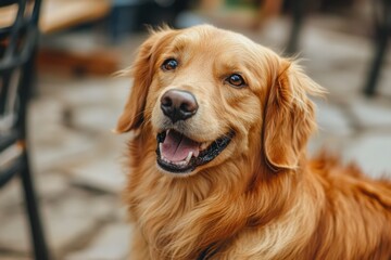 Golden retriever sitting outdoors with a joyful expression on a sunny day in a casual setting. Generative AI