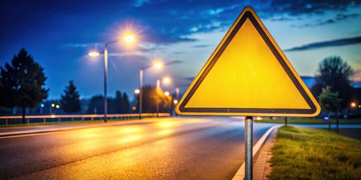 Sign with yellow triangle giving way to traffic on summer road intersection at night, traffic flow