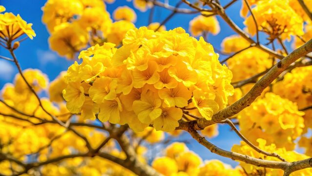 Vibrant Yellow Tabebuia Flower in Full Blossom Displaying Bright and Cheerful Colors on a Branch