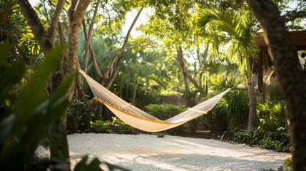 Relaxing hammock in a lush tropical garden.  Perfect for a peaceful afternoon escape.