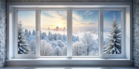 A serene winter landscape with a snowy window view, featuring frosty glass and a blurred cityscape outside , winter, frosty,  winter
