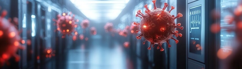 Outbreak of disease with glowing AR infection tracking, futuristic hospital, tense atmosphere, photorealistic