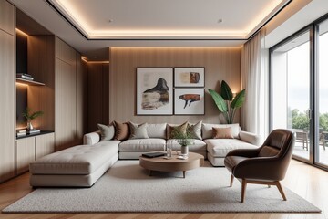 Cozy Modern Living Room with Earthy Tones and Elegant Decor Featuring Large Sofa, Stylish Armchair, and Bright Natural Light from Floor-to-Ceiling Windows