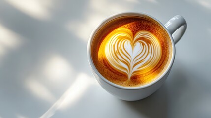 Cup of coffee with a heart shaped foam design on top placed on a wooden table