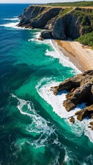 Cool summer blue sea and coastal cliffs. Mobile size. Generative AI.
