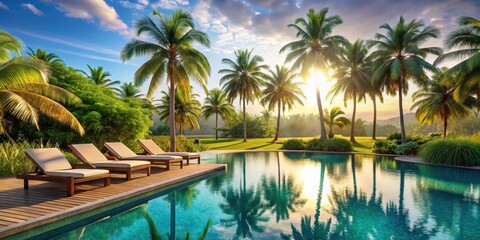 Fototapeta premium Tropical poolside oasis with swaying palm trees and sun loungers scattered around a serene water feature, palm trees