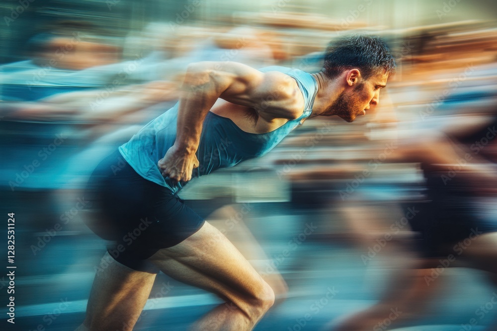 Aufkleber Runner transforms from tired at the start line to victorious and strong at the finish in a race. Generative AI