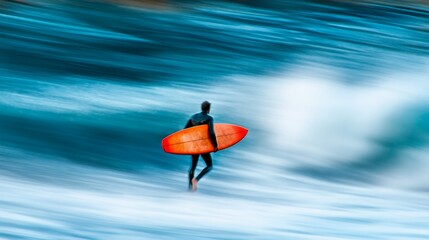 Fototapeta premium A surfer, carrying an orange surfboard, walks away from the ocean after a surf session. The blurred water adds a sense of motion and energy to the image.