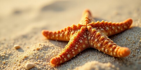 Dried starfish on sun-baked sand, close-up detail, summer, ocean floor, sand