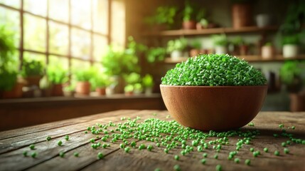 Bright interior scene, bowl of sprouts sitting on a wooden table, plants on shelves