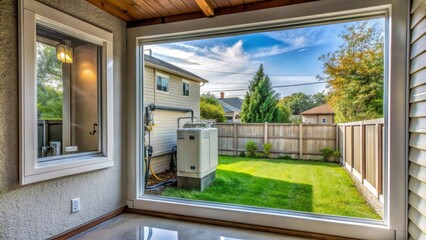 A residential backyard with a utility room and electrical panel visible through a window , outdoor equipment, safety precautions