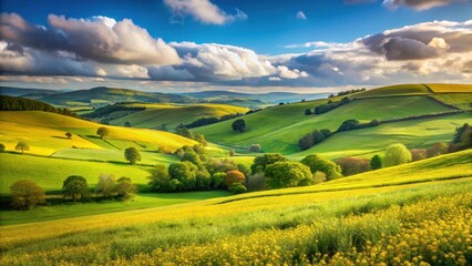 Fototapeta premium Rolling hills of vibrant green and yellow fields with wildflowers stretching towards the sky in a picturesque countryside landscape, nature, serene
