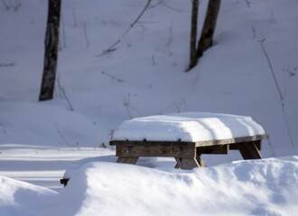 A snow-covered picnic table at a park