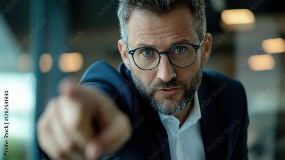Poster a man with glasses pointing to something
