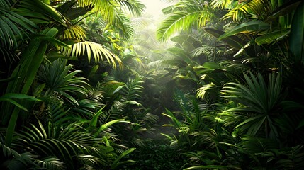 Fototapeta premium Lush Green Tropical Rainforest with Sunlight Beams
