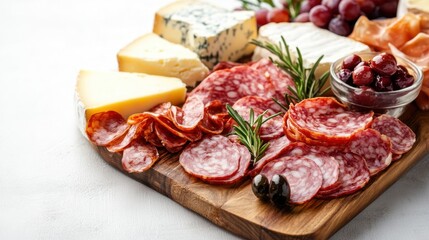 Wooden cutting board with assorted cheese sliced meat and fresh grapes arranged for a charcuterie display