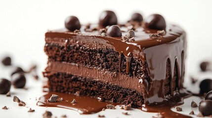 Delicious chocolate cake slice topped with chocolate chips on a white plate