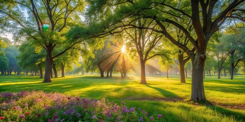 Fototapeta premium Soft morning light filters through trees in a serene public park with lush green grass field and vibrant wildflowers swaying gently , peaceful, serene atmosphere