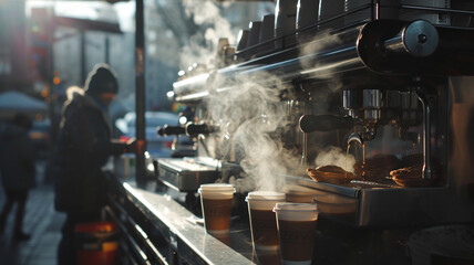 Obraz premium Steam curls from an espresso machine as a coffee cart vendor serves a commuter, the inviting aroma of fresh coffee cutting through the energetic morning chaos.