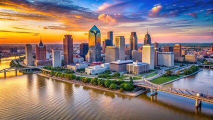 Fototapeta premium Aerial view of downtown Louisville on the Ohio River at sunset with the skyline and riverfront
