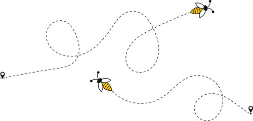 Bees on a Dotted Flight Path on a White Background. Flying Bees Path.