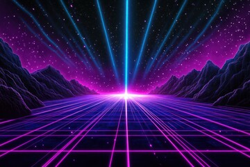 Obraz premium Retro synthwave landscape, glowing lines, mountains, night, futuristic background, digital art