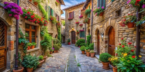 Fototapeta premium Narrow cobblestone street lined with ancient stone buildings and adorned with vibrant flowers and greenery in a charming Italian village, old town, small town