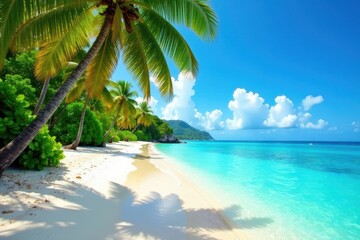 Idyllic tropical beach, turquoise water, blue sky Perfect summer vacation backdrop , blue sky, copy space, coast