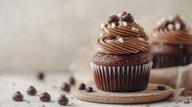 Chocolate cupcakes topped with chocolate chips arranged on a white plate with a rustic background