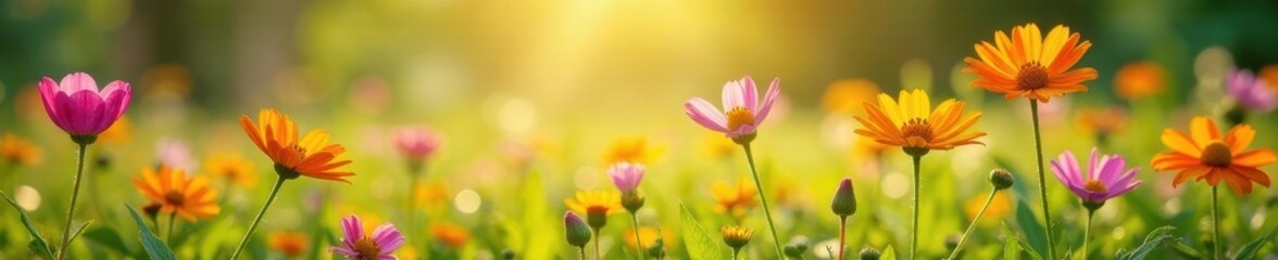 Obraz premium Vibrant wildflowers bloom in sun-drenched meadow, sunlit, dandelion, wildflowers