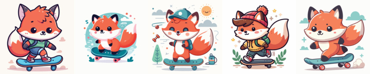 vector cute fox playing skateboard