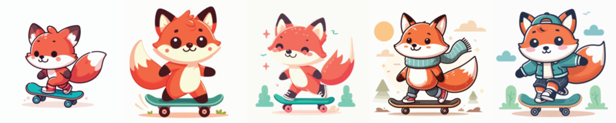 vector cute fox playing skateboard
