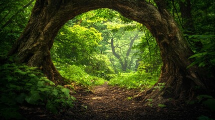 Naklejka premium Enchanted Forest Path: A Sunlit Green Tunnel Through Lush Trees