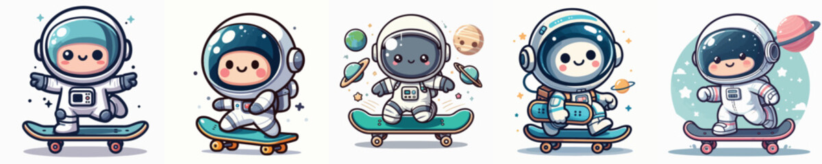 vector of cute astronauts playing skateboarding