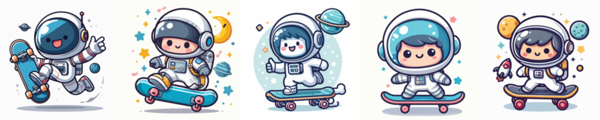 vector of cute astronauts playing skateboarding