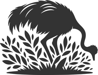 Ostrich lowering its head into a bush animal vector silhouette