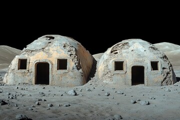 Two Ancient Stone Structures with Square Windows and Dome Shaped Roofs in Desert
