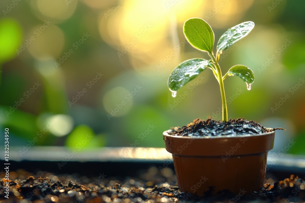 Poster new plant sprout emerging from soil in a small pot during bright daytime with soft sunlight illumina