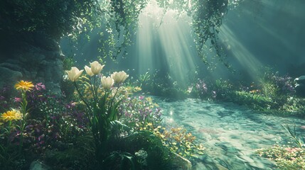 Obraz premium Enchanted Forest Path with White Flowers and Sunlight