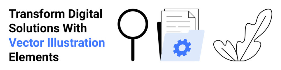 Magnifying glass, files with gear icon, leaf sketch emphasize exploration, digital solutions, workflow optimization. Ideal for innovation, analysis, development, business tools data management