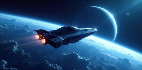 Obraz premium A spaceship glides smoothly through the blue depths of space near a distant planet, cosmic, spaceships