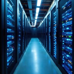 Fototapeta premium Bright blue network connections illuminate server racks , digital, data center