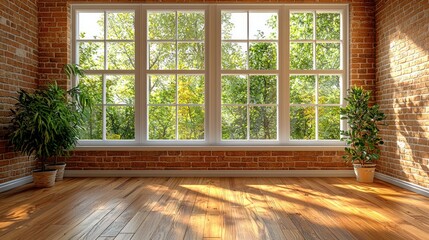 Bright room with plants, window view of vibrant greenery, natural light, interior design