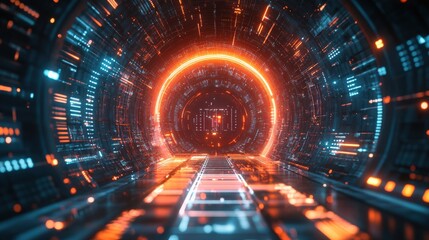 Fototapeta premium A Stunning Self-Illuminating Cyber Tunnel Featuring a Futuristic Interface with Glowing Neon Graphics and Geometric Patterns