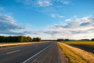 Endless asphalt road stretching through lush green fields under open blue sky